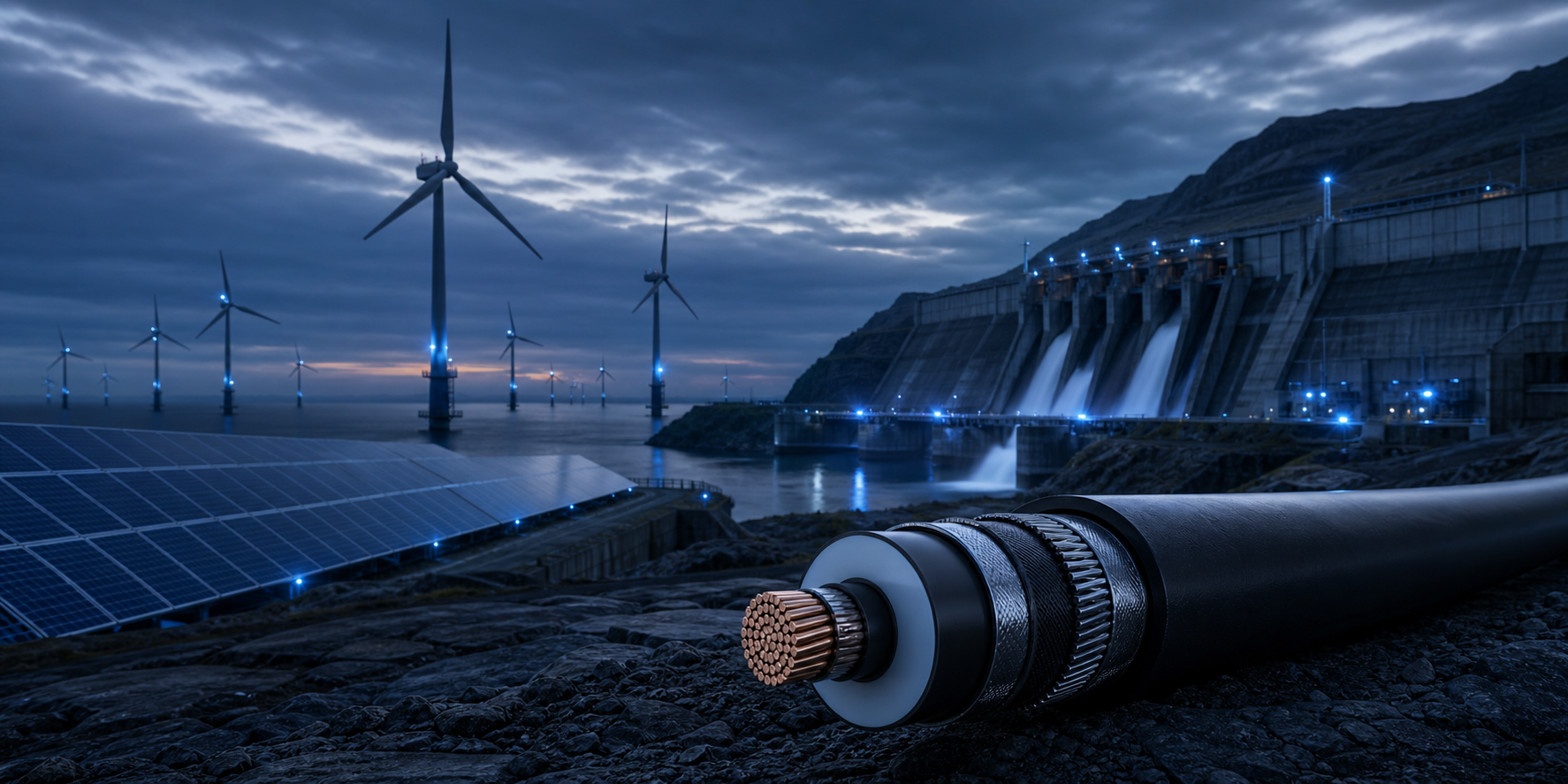 Wind turbines, solar arrays, a hydroelectric dam, and an engineered power cable